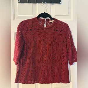 LOFT Red Embellished Blouse with Mandarin Collar